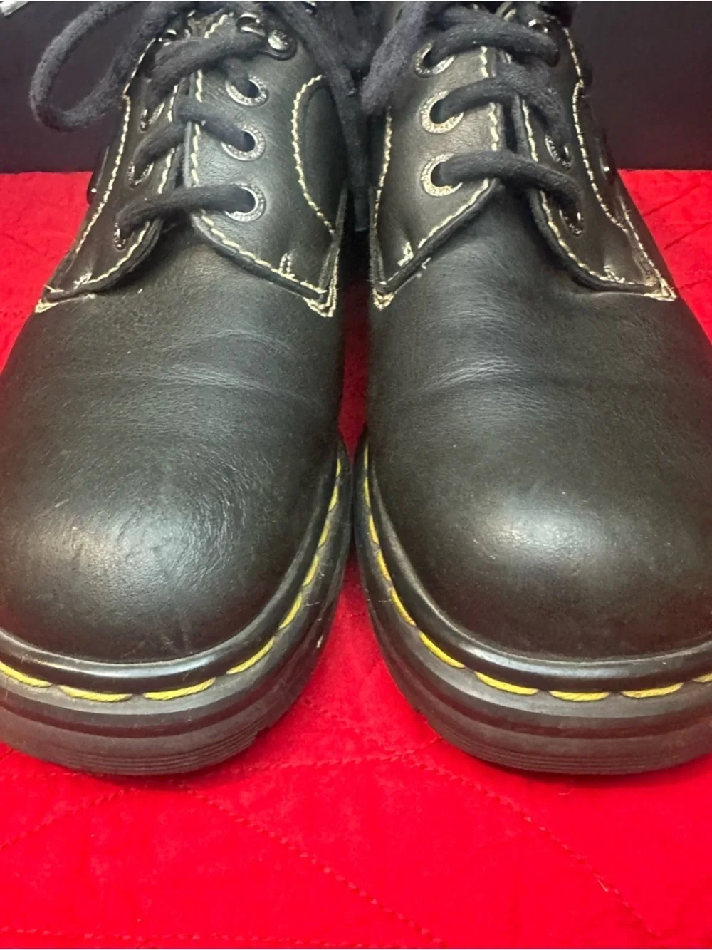 Vintage Dr. Martens Black Leather Shoes with Yellow Stitching